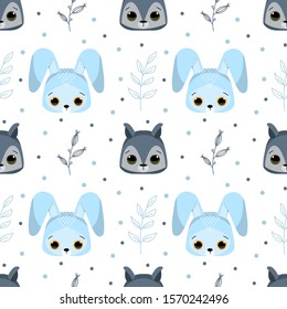 Vector seamless pattern for children
of funny forest animals face. Cute woodland animals: wolf and rabbit. Flat illustration. Simple icon of animals and plants
