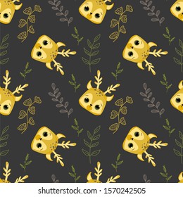 Vector seamless pattern for children
of funny forest animal and plants. Deer face. Scandinavian illustration.
