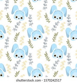 Vector seamless pattern for children
of funny forest animal and plants. Bunny face. Flat illustration.
