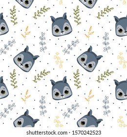 Vector seamless pattern for children
of funny forest animal and plants. Simple wolf face. Scandinavian illustration.
