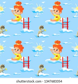 Vector Seamless Pattern for Children with  little girl playing on clouds with a paper airplane and cat with bird. Creative kids texture for fabric, wrapping, textile, wallpaper, apparel. 