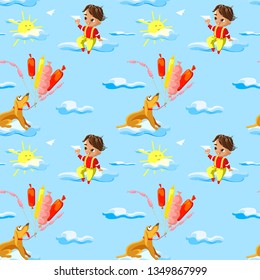 Vector Seamless Pattern for Children  with  little boy playing on clouds with a paper airplane and dog with balloons. Creative kids texture for fabric, wrapping, textile, wallpaper, apparel. 