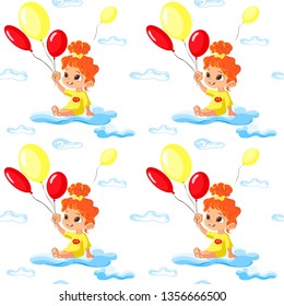 Vector Seamless Pattern for Children  with  little girl playing on clouds with a balloons. Creative kids texture for fabric, wrapping, textile, wallpaper, apparel. 