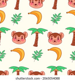 Vector seamless pattern for children with monkeys, palm trees, bananas, plants. Cartoon children's background with cute macaques and tropical atmosphere. Summer print for fabric, clothing, gift paper