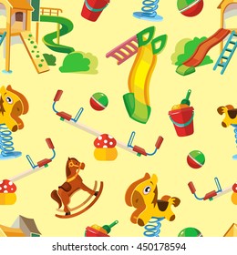 vector seamless pattern of children playground. Background Illustration in flat style.Childhood parenting collection.