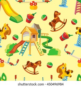 vector seamless pattern of children playground. Background Illustration in flat style.Childhood parenting collection.