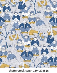 Vector seamless pattern of children sledding in winter. The modern design of Korea. Design for Poster, card, picture frame, fabric, web design and print project