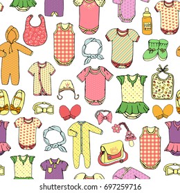 Vector seamless pattern of children's clothes. Bright kids' clothes repeat pattern. Vector illustration of baby clothes isolated on white background. Baby girl's outfit set.