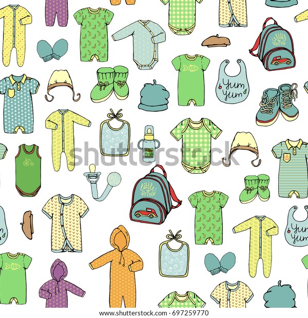 Vector seamless\
pattern of children\'s clothes. Bright kids\' clothes repeat pattern.\
Vector illustration of baby clothes isolated on white background.\
Baby boy\'s outfit set.