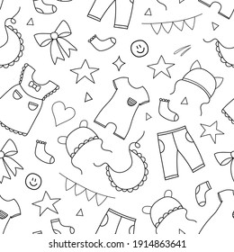 Vector seamless pattern children's clothing in doodle style. White background with black baby clothes elements. Perfect for baby packing, website, wallpapers or decoration of room