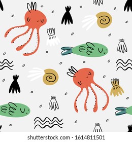 Vector seamless pattern for children's design. Scandinavian, Doodle style. Cute octopuses, shells and fish