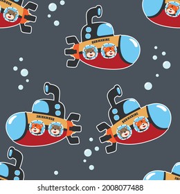 Vector seamless pattern for children's design, submarine with cute sailor under sea. Cute Marine pattern for fabric, baby clothes, background, textile, wrapping paper and other decoration.