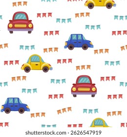 vector seamless pattern with children's drawing, print for children's textiles, decor and decoration of children's rooms and things, machines and balls for decoration of children's holiday and printin