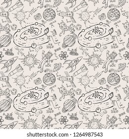 vector seamless pattern with childrens drawings on the theme of space, science and the emergence of life on earth, UFO's, planets technique of reproduction, the universe, Doodle style, background can 