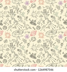vector seamless pattern with childrens drawings on the theme of space, science and the emergence of life on earth, UFO's, planets technique of reproduction, the universe, Doodle style, background can 