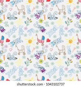 vector seamless pattern childrens illustration of set of element for design, bunnies flowers hearts sun gray background