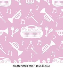 Vector seamless pattern with children's musical toys. Illustration with musical instruments. Maracas, synthesizer, trumpet, triangle and notes. Toys for kids. Design for packaging paper, fabric, print