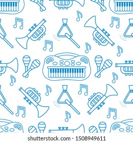 Vector seamless pattern with children's musical toys. Illustration with musical instruments. Maracas, synthesizer, trumpet, triangle and notes. Toys for kids. Design for packaging paper, fabric, print