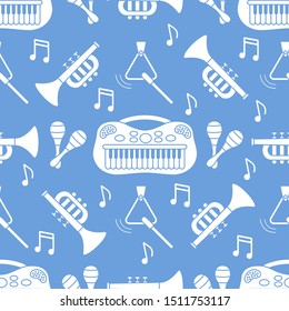 Vector seamless pattern with children's musical toys. Illustration with musical instruments. Maracas, synthesizer, trumpet, triangle and notes. Toys for kids. Design for packaging paper, fabric, print