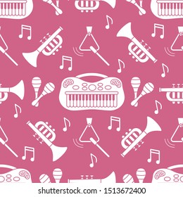 Vector seamless pattern with children's musical toys. Illustration with musical instruments. Maracas, synthesizer, trumpet, triangle and notes. Toys for kids. Design for packaging paper, fabric, print