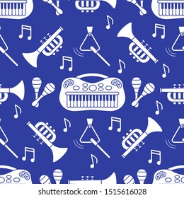 Vector seamless pattern with children's musical toys. Illustration with musical instruments. Maracas, synthesizer, trumpet, triangle and notes. Toys for kids. Design for packaging paper, fabric, print