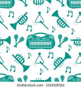 Vector seamless pattern with children's musical toys. Illustration with musical instruments. Maracas, synthesizer, trumpet, triangle and notes. Toys for kids. Design for packaging paper, fabric, print