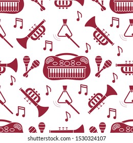 Vector seamless pattern with children's musical toys. Illustration with musical instruments. Maracas, synthesizer, trumpet, triangle and notes. Toys for kids. Design for packaging paper, fabric, print