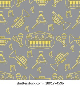 Vector seamless pattern with children's musical toys. Illustration with musical instruments. Maracas, synthesizer, trumpet, triangle and notes. Toys for kids. Design Illuminating and Ultimate Gray.