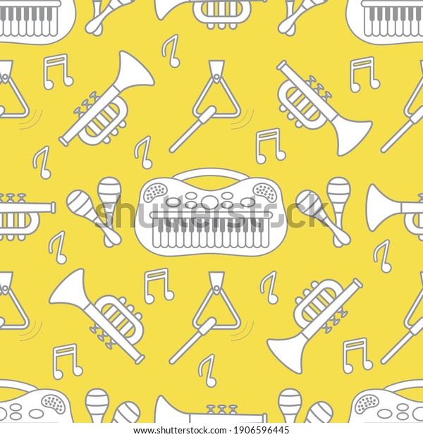 Vector seamless pattern with children\'s musical\
toys. Illustration with musical instruments. Maracas, synthesizer,\
trumpet, triangle and notes. Toys for kids. Design Illuminating and\
Ultimate Gray.