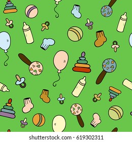 vector seamless pattern of children's toys, rattle, ball, baby's dummy, balloon, sock, bottle with baby's formula, baby's pyramid