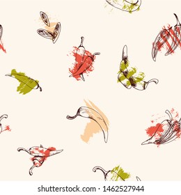 Vector seamless pattern with chili peppers food and vegetables on a grunge background with brush stroke