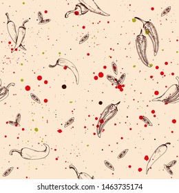 Vector seamless pattern with chili peppers food and vegetable on a grunge background with splashes