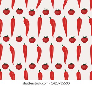 Vector seamless pattern with chilli pepper and tomatoes.
