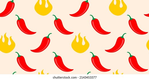 Patrón vectorial sin fisuras de pimienta chile con fuego. Patrón de chile vectorial y llama en estilo retro.