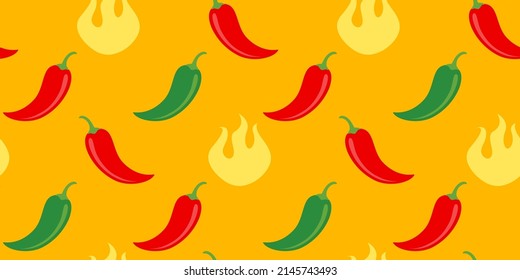 Vector seamless pattern of chilli pepper with fire. Vector chili pattern and flame in retro style.