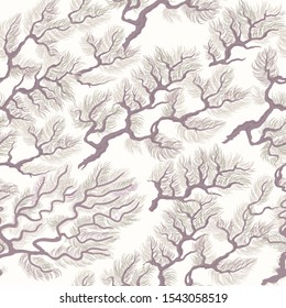 Vector seamless pattern from China pine-tree branches on a beige background. Landscape in Japanese folk painting style Sumi-e. Silk textile print for kimono, wallpaper, tee shirt print