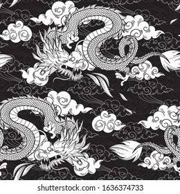 Vector Seamless Pattern With Chinese Dragon And Clouds. Black And White Hand Draw. Abstract Art Print.  Wallpaper, Cloth Design, Fabric, Tissue, Textile Design Template, Background.