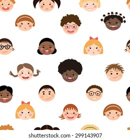 Vector seamless pattern with chlidren's smiling faces. Boys and girls with different color skin, hairstyles, braces and glasses.