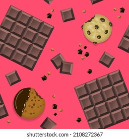 Vector seamless pattern with chocolate bars, cookies and chocolate slices on pink background. Simple clean illustration