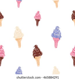 Vector seamless pattern with chocolate, berry, vanilla, sundae swirl ice cream cone. Beautiful background for party, greeting paper card or banner. Hand drawn fashion sketch style.