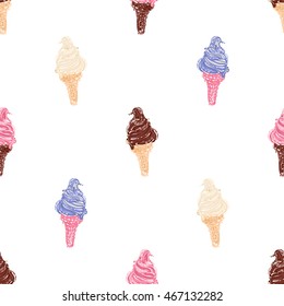 Vector seamless pattern with chocolate, berry, vanilla swirl ice cream cone. Beautiful background for party, greeting paper card or banner. Hand drawn fashion sketch style. Objects on white backdrop.