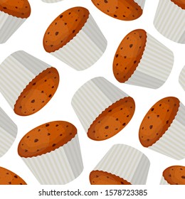 Vector seamless pattern of chocolate cake, cupcake, muffin in cartoon style. Tasty confectionery, cacao pie or brownie for wrapping paper, package in markets, coffee houses.
