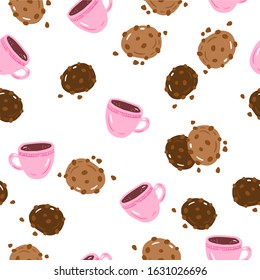 Vector seamless pattern of chocolate cookies and coffee cups. Cookies background. Cartoon style. Simple drawing illustration.