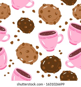 Vector seamless pattern of chocolate cookies and coffee cups. Cookies background. Cartoon style. Simple drawing illustration.