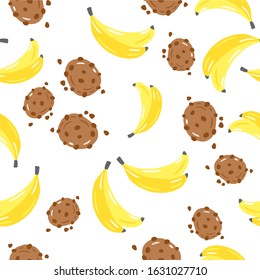 Vector seamless pattern of chocolate cookies and bananas. Cookies background. Cartoon style. Simple drawing illustration.