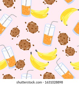 Vector seamless pattern of chocolate cookies, bananas and glass of juice. Breakfast background. Cartoon style. Simple drawing illustration.