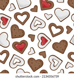 Vector seamless pattern of chocolate cookies in the form of hearts in glaze and with red jam isolated on white background.