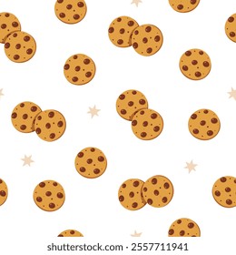 Vector seamless pattern with chocolate cookies on white background.