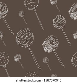 Vector seamless pattern with  chocolate covered sweet glaze white  illustration on brown background. Pastry sweets vector bakery products desserts. 
