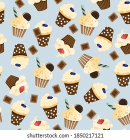 Vector seamless pattern with chocolate cupcakes